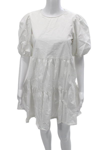 Zara Women Boho Trapeze Swing Mini Dress White Round Neck Short Sleeve Size S