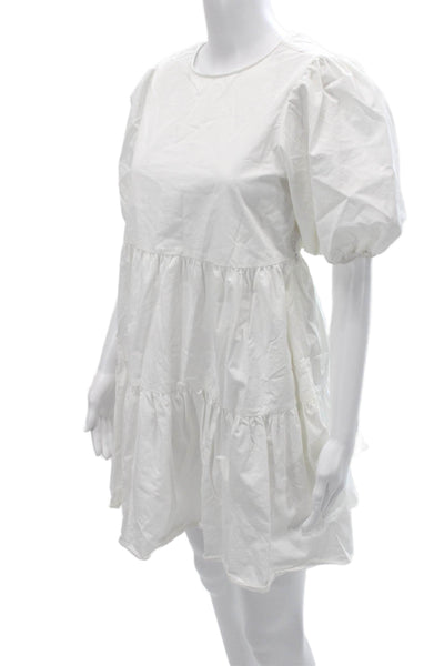 Zara Women Boho Trapeze Swing Mini Dress White Round Neck Short Sleeve Size S