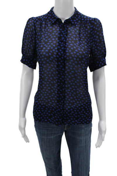 Aqua Women Black Collared Short Sleeve Stars Button Up Blouse Size S