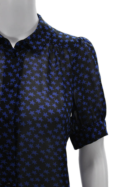 Aqua Women Black Collared Short Sleeve Stars Button Up Blouse Size S