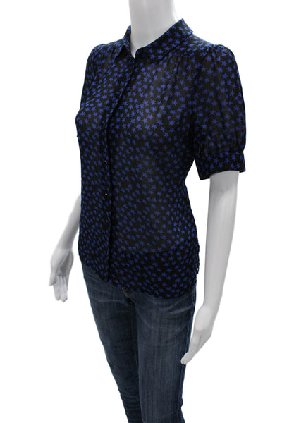 Aqua Women Black Collared Short Sleeve Stars Button Up Blouse Size S