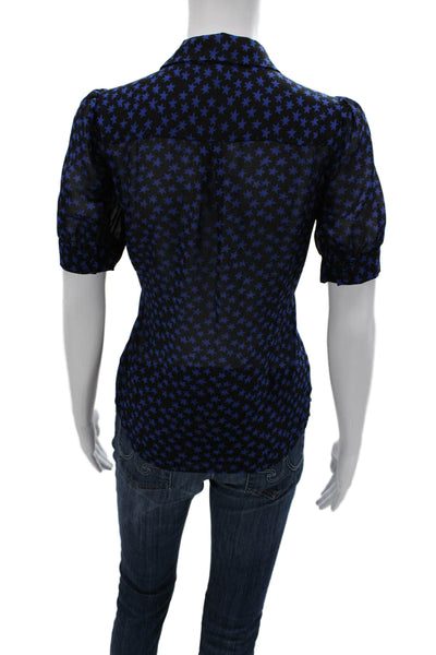 Aqua Women Black Collared Short Sleeve Stars Button Up Blouse Size S