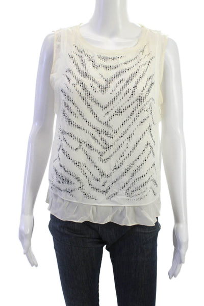 Rebecca Taylor Womens White Silk Herringbone Sleeveless Round Neck Blouse Size 4