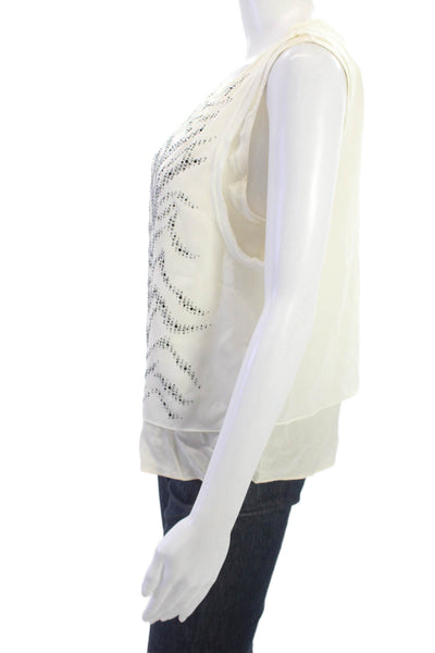 Rebecca Taylor Womens White Silk Herringbone Sleeveless Round Neck Blouse Size 4