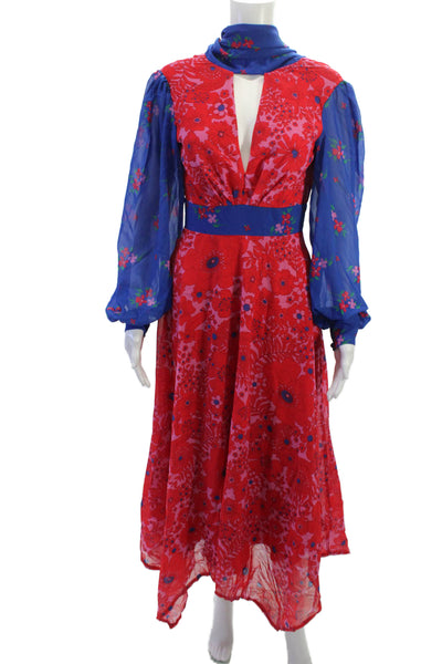 Twisted Wunder Womens Maxi Fit Flare Floral Midi Dress Blue Long Sleeve Size 6