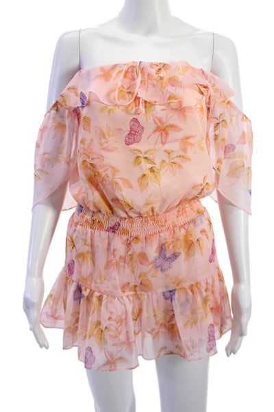 Amanda Uprichard Womens Off Shoulder Floral Romper Pink Short Sleeve Size XS