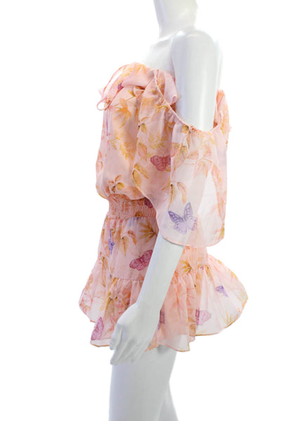 Amanda Uprichard Womens Off Shoulder Floral Romper Pink Short Sleeve Size XS