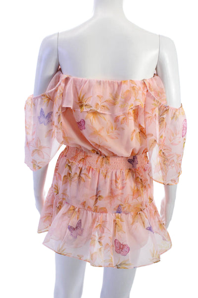 Amanda Uprichard Womens Off Shoulder Floral Romper Pink Short Sleeve Size XS