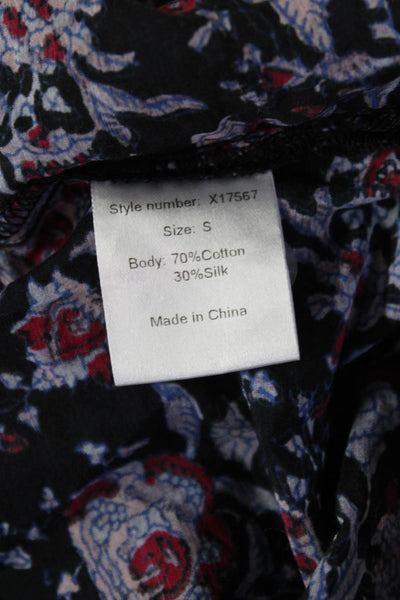 Xirena Women Tunic Blouse Black Long Sleeve Floral Cotton Silk Size S