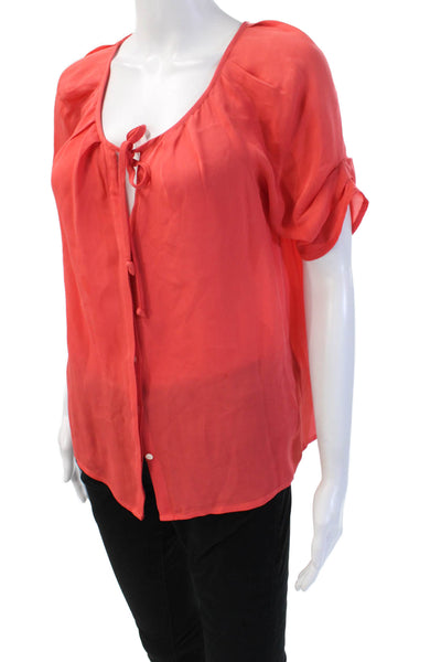 Joie Womens Red Silk Button Front Short Sleeve Round Neck Blouse Size S