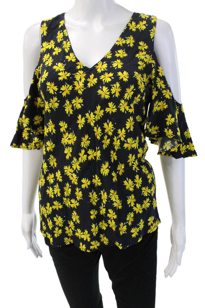 Derek Lam Womens Black Floral V-Neck Short Sleeve Blouse Size 40