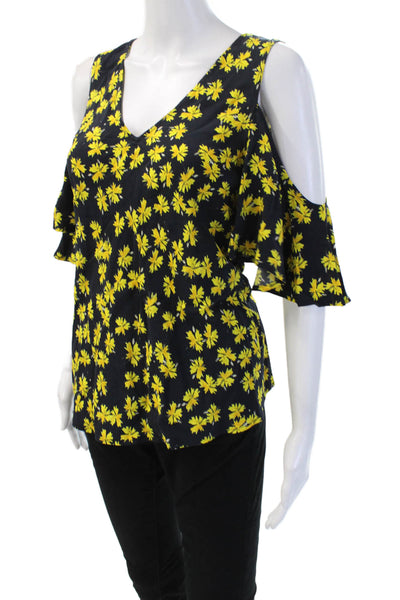 Derek Lam Womens Black Floral V-Neck Short Sleeve Blouse Size 40