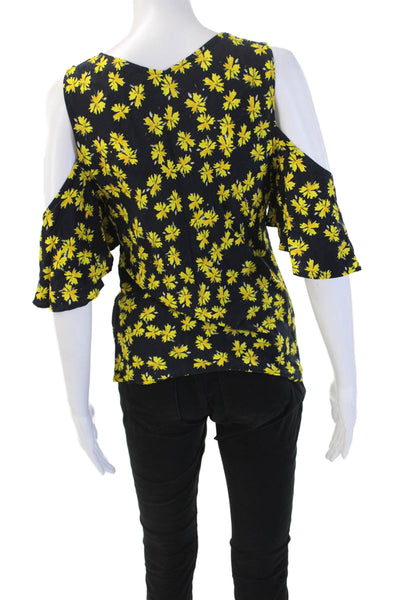Derek Lam Womens Black Floral V-Neck Short Sleeve Blouse Size 40