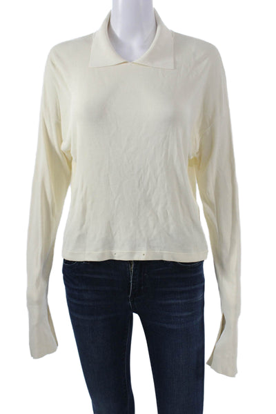 Aya Muse Women Collared Long Sleeve Basic Sweater Beige Rayon Size S