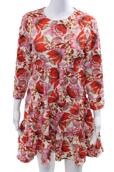 Zara Womens Fit & Flare Dress Red 3/4 Sleeve Round Neck Floral Size S