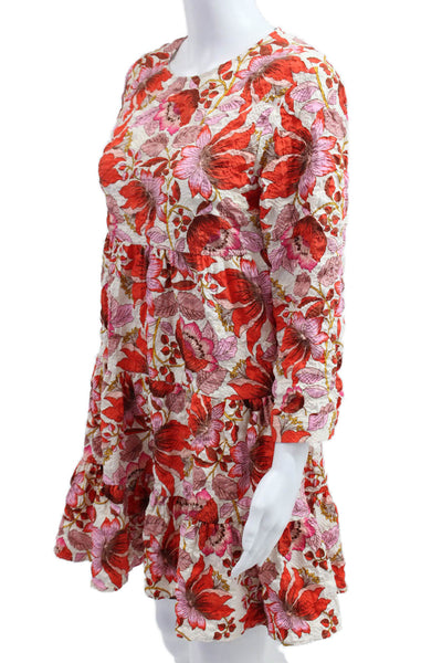 Zara Womens Fit & Flare Dress Red 3/4 Sleeve Round Neck Floral Size S