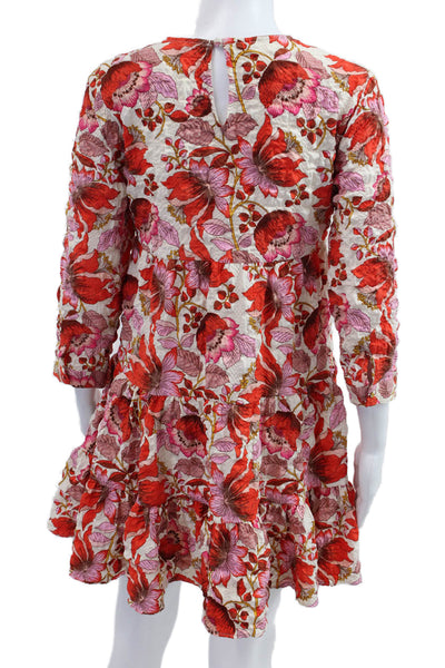 Zara Womens Fit & Flare Dress Red 3/4 Sleeve Round Neck Floral Size S
