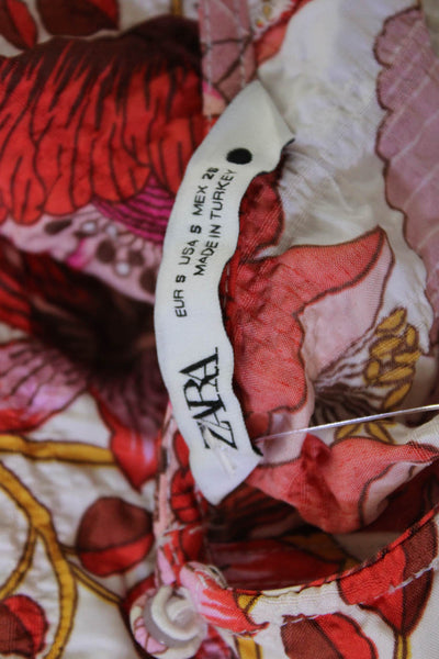 Zara Womens Fit & Flare Dress Red 3/4 Sleeve Round Neck Floral Size S
