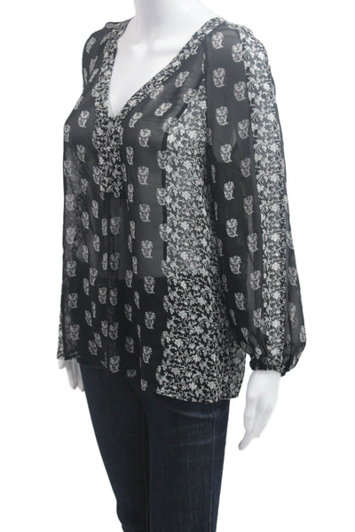 Joie Womens Tunic Blouse Black Silk V Neck Floral Long Sleeve Size XS