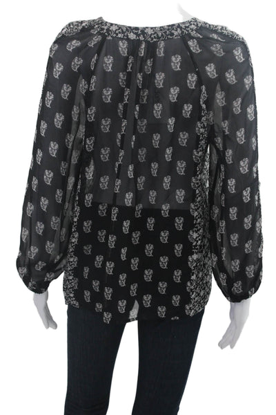 Joie Womens Tunic Blouse Black Silk V Neck Floral Long Sleeve Size XS