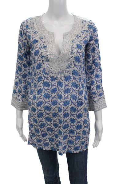 Roberta Roller Rabbit Women Blue Floral V-Neck Tunic 3/4 Sleeve Size XS
