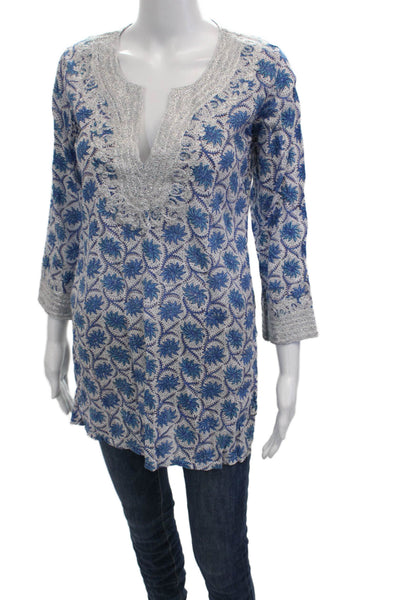 Roberta Roller Rabbit Women Blue Floral V-Neck Tunic 3/4 Sleeve Size XS