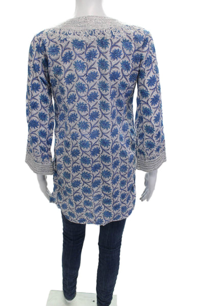 Roberta Roller Rabbit Women Blue Floral V-Neck Tunic 3/4 Sleeve Size XS