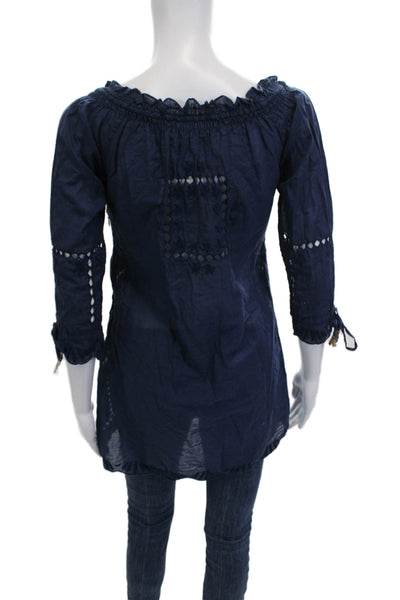 Letarte Handmade Womens Dark Blue Cotton Tunic Blouse 3/4 Sleeve Size XS