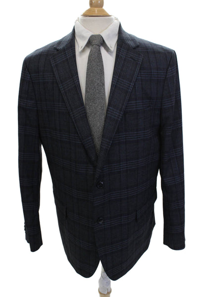 Penguin Mens Dark Blue Plaid Sport Coat Collared Button Fall Size 46