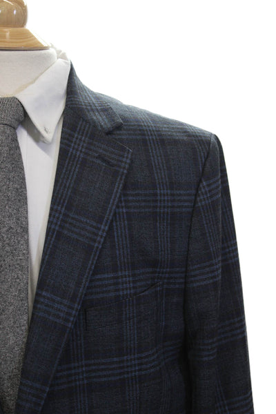 Penguin Mens Dark Blue Plaid Sport Coat Collared Button Fall Size 46