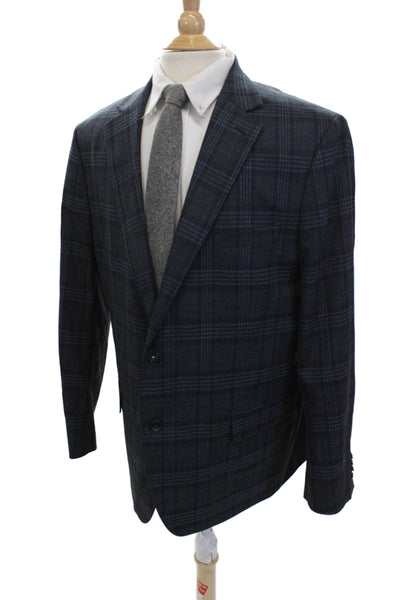 Penguin Mens Dark Blue Plaid Sport Coat Collared Button Fall Size 46