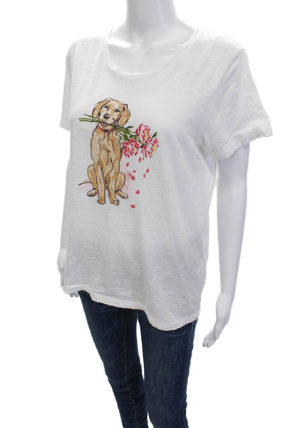 J Crew Women Basic White Cotton Graphic Dog Round Neck T-Shirt Size M