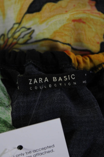 Zara Basic Womens Cropped Floral Viscose Short Sleeve Zip Top Size S