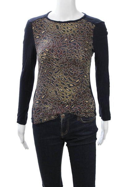 Tory Burch Women Silk Jersey Leopard Dark Blue Crew Long Sleeve Tee Size XS