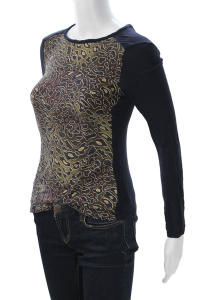 Tory Burch Women Silk Jersey Leopard Dark Blue Crew Long Sleeve Tee Size XS