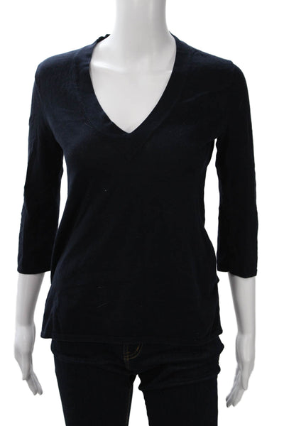 J Crew Womens Dark Blue V Neck 3/4 Sleeve Basic T Shirt 100% Cotton Size XS