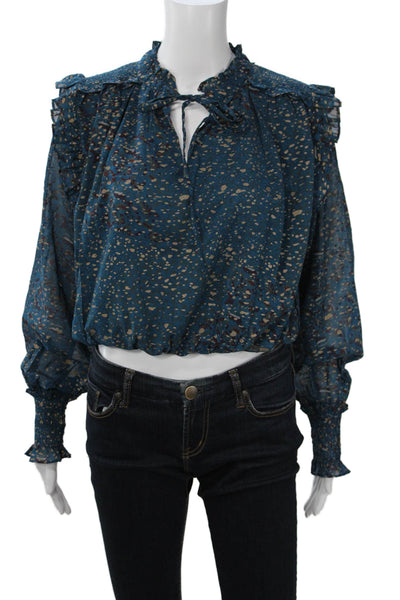 Elan Women Dark Blue High Neck Tie Blouse Long Sleeve Boho Polyester Size S