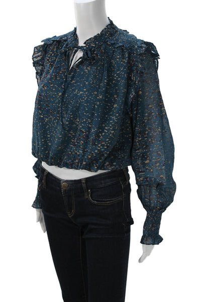 Elan Women Dark Blue High Neck Tie Blouse Long Sleeve Boho Polyester Size S