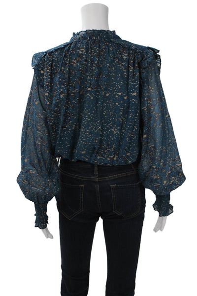 Elan Women Dark Blue High Neck Tie Blouse Long Sleeve Boho Polyester Size S
