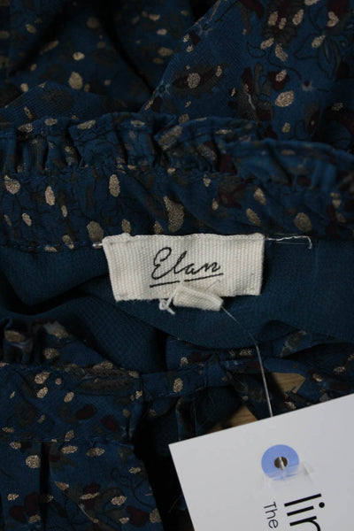Elan Women Dark Blue High Neck Tie Blouse Long Sleeve Boho Polyester Size S