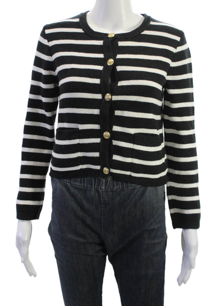 J Crew Women Striped Black Cotton Cardigan Crew Neck Button Size XS