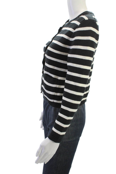 J Crew Women Striped Black Cotton Cardigan Crew Neck Button Size XS