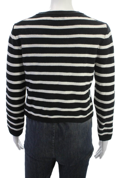 J Crew Women Striped Black Cotton Cardigan Crew Neck Button Size XS