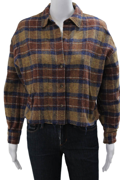 Road To Nowhere Women Blue Plaid Collared Cotton Jacket Long Sleeve Size S
