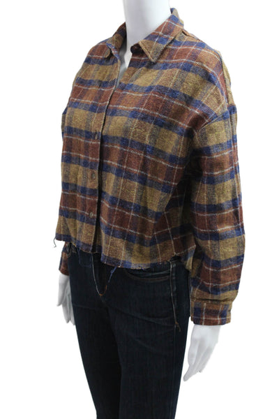 Road To Nowhere Women Blue Plaid Collared Cotton Jacket Long Sleeve Size S