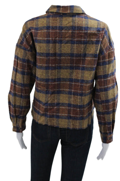 Road To Nowhere Women Blue Plaid Collared Cotton Jacket Long Sleeve Size S