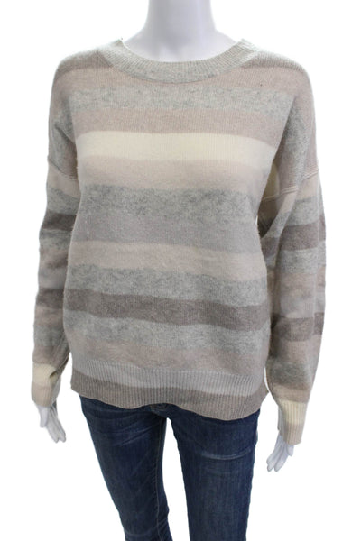 Allude Womens Pullover Striped Beige Cashmere Wool Crew Neck Sweater Size L