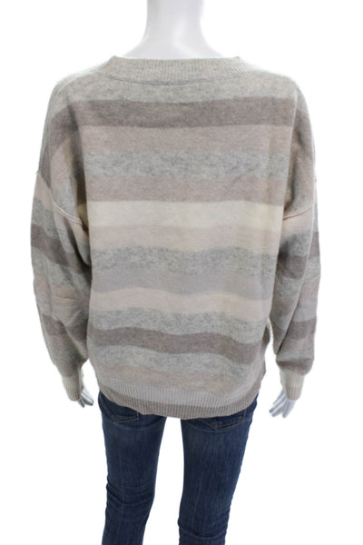 Allude Womens Pullover Striped Beige Cashmere Wool Crew Neck Sweater Size L