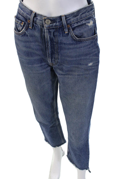 Grlfrnd Womens Cropped Straight Blue Jeans Mid Rise Cotton Inseam 25 Size 26