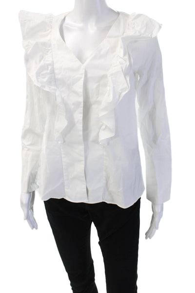 Mango Causual Women White Cotton VNeck Button Long Sleeve Classic Blouse Size 4
